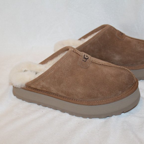 NIB UGG WOMEN'S DISCOQUETTE SUEDE SHEARLING SLIP ON SLIPPERS CHESTNUT - Picture 9 of 11